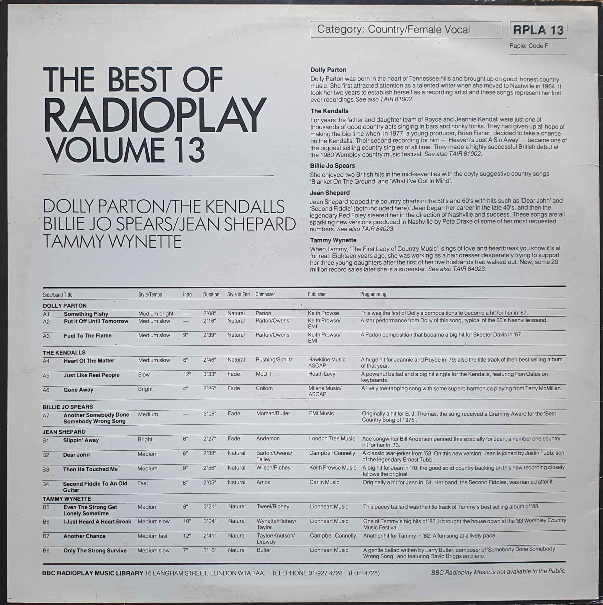 Picture of RPLA 13 The best of Radioplay - Volume 13 - Country / Female vocals by artist Dolly Parton / The Kendalls 
 / Billy Jo Spears / Jean Shepard / Tammy Wynette from the BBC records and Tapes library